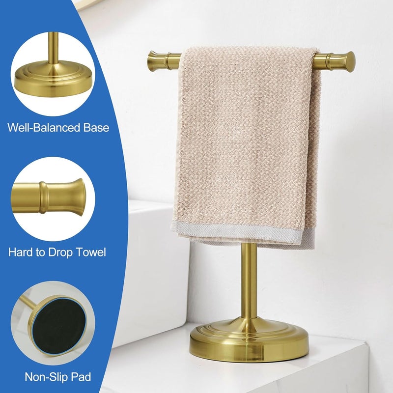 RUMOSE 13 Inch Brushed Gold Towel Stand Hand Towel Holder Bathroom Kitchen Vanity Countertop T-Shape Towel Rack Free Standing Stainless Steel Towel Bar Towel Ring - Image 4